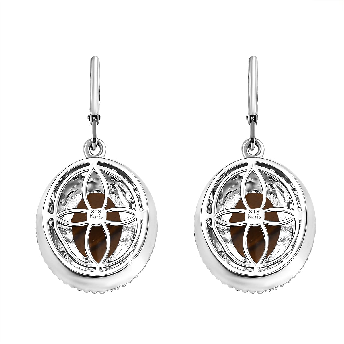 Karis Tigers Eye 39.30 ctw Earrings, Ring (Size 6.0) and Pendant in 18K YG Plated and Platinum Bond with Stainless Steel Necklace 20 Inches