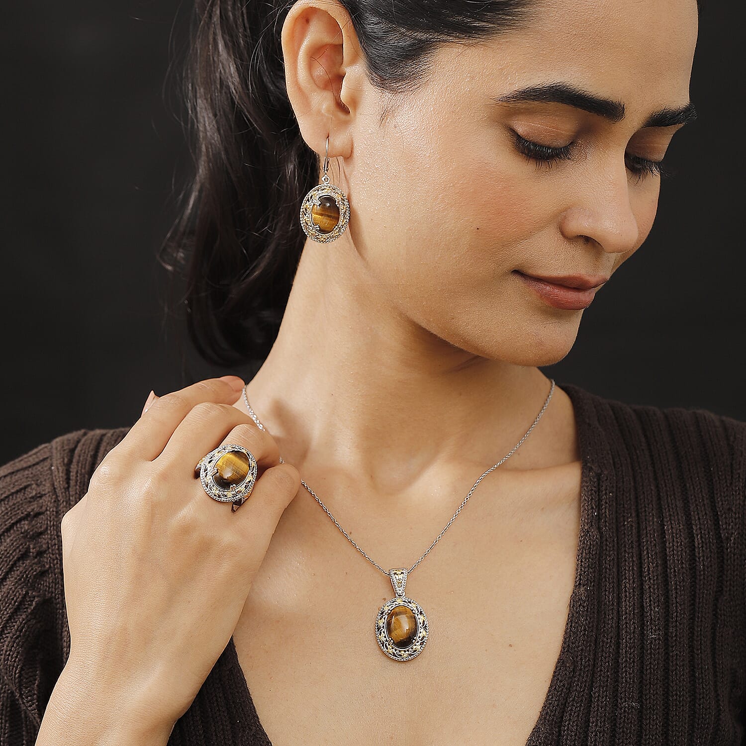 Karis Tigers Eye 39.30 ctw Earrings, Ring (Size 6.0) and Pendant in 18K YG Plated and Platinum Bond with Stainless Steel Necklace 20 Inches