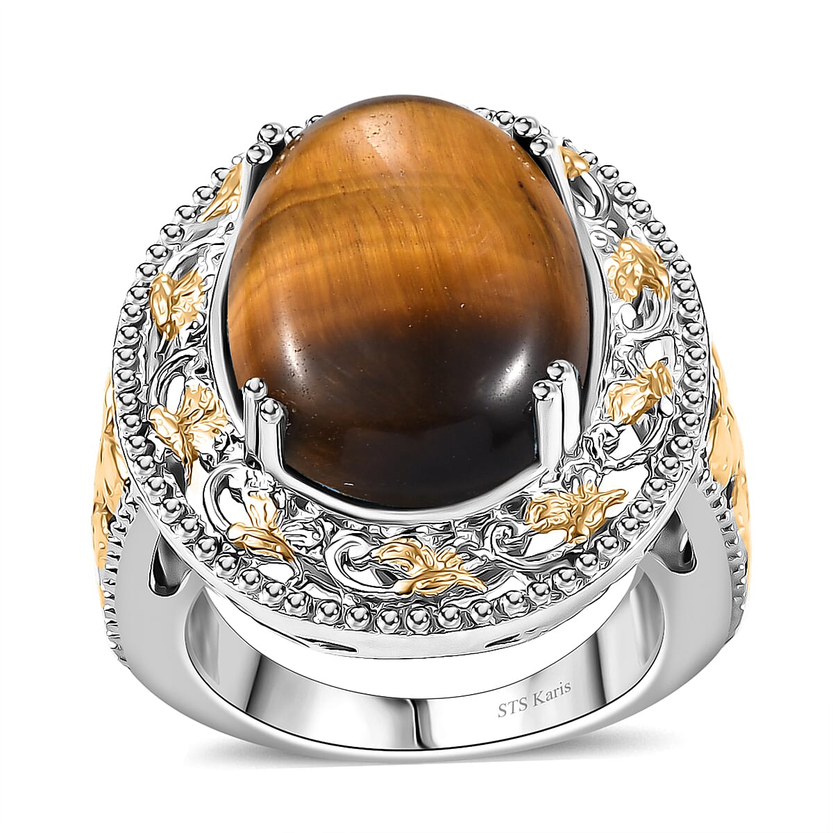Karis Tigers Eye 39.30 ctw Earrings, Ring (Size 6.0) and Pendant in 18K YG Plated and Platinum Bond with Stainless Steel Necklace 20 Inches