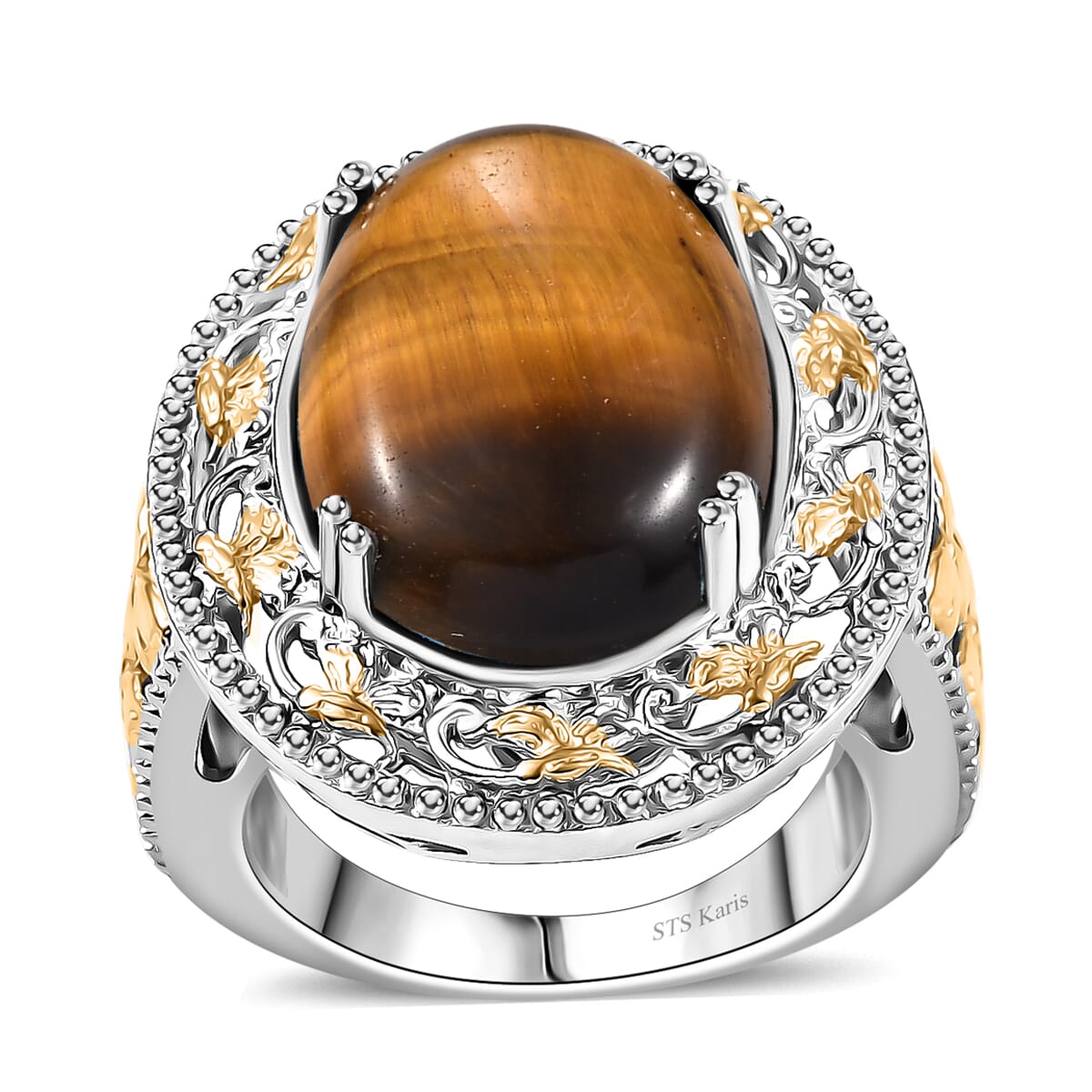 Karis Tigers Eye 39.30 ctw Earrings, Ring (Size 6.0) and Pendant in 18K YG Plated and Platinum Bond with Stainless Steel Necklace 20 Inches image number 4