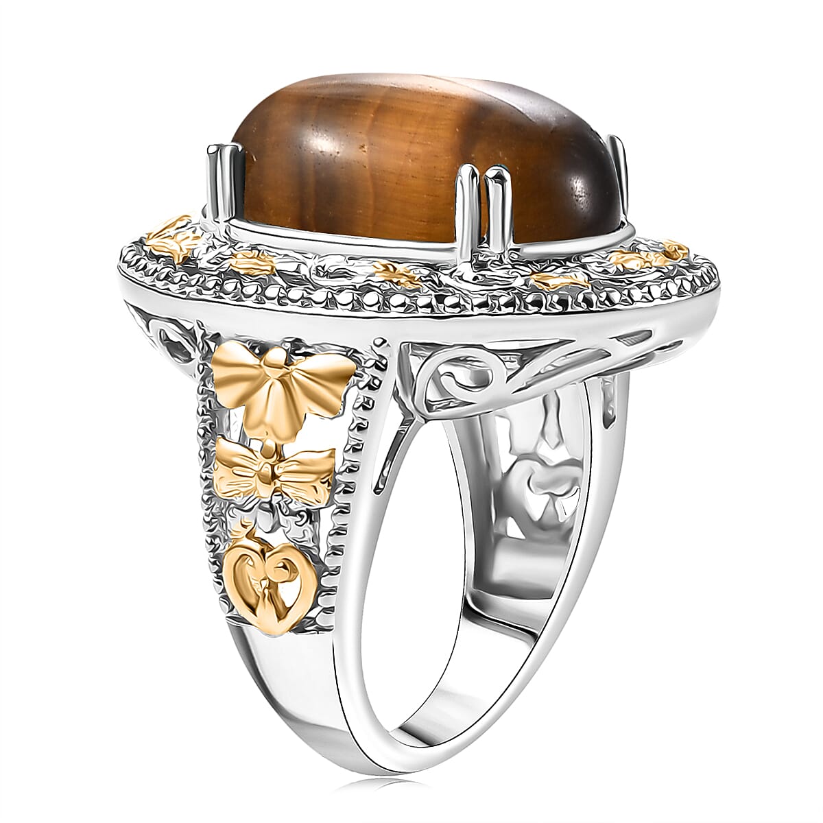 Karis Tigers Eye 39.30 ctw Earrings, Ring (Size 6.0) and Pendant in 18K YG Plated and Platinum Bond with Stainless Steel Necklace 20 Inches