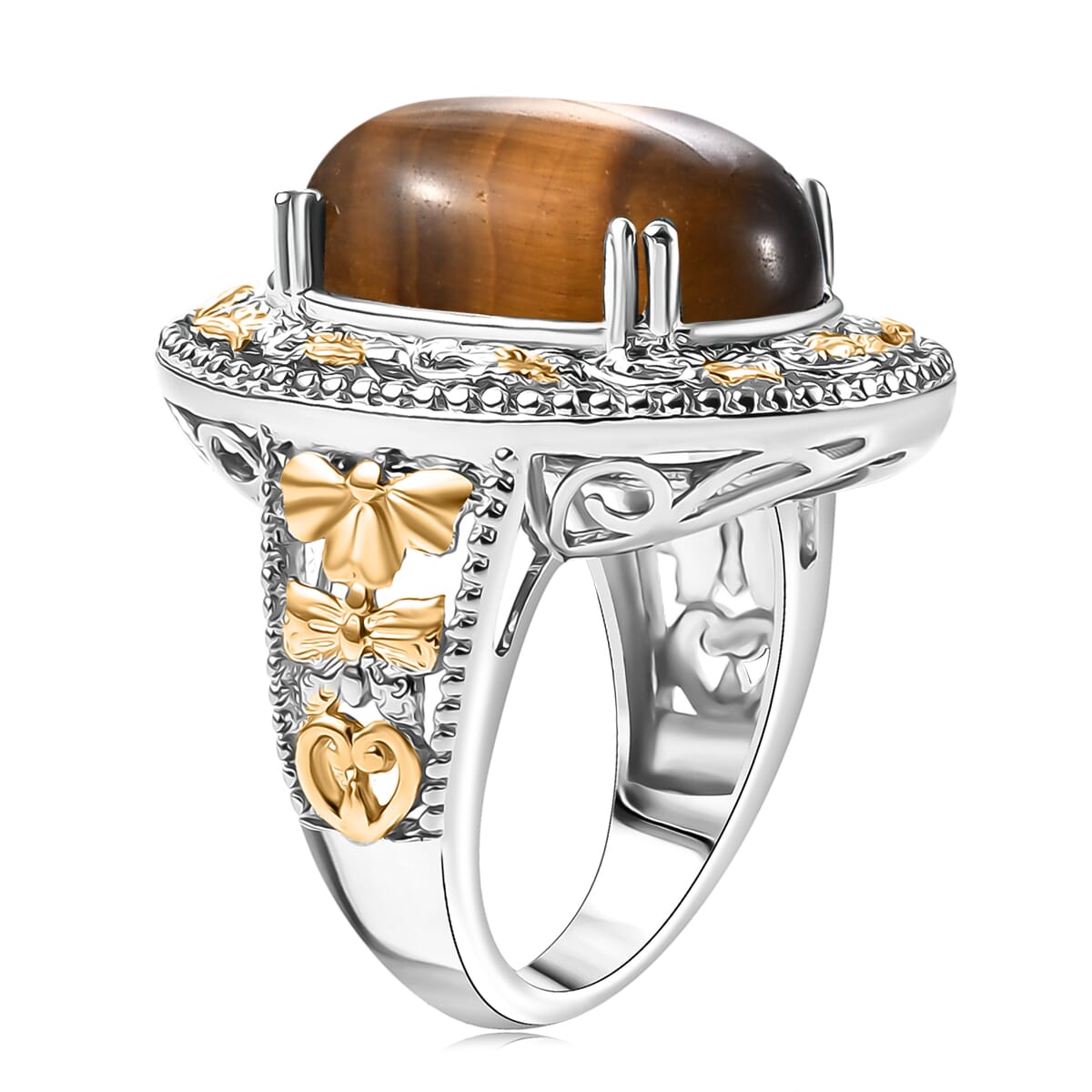 Karis Tigers Eye 39.30 ctw Earrings, Ring (Size 6.0) and Pendant in 18K YG Plated and Platinum Bond with Stainless Steel Necklace 20 Inches image number 5