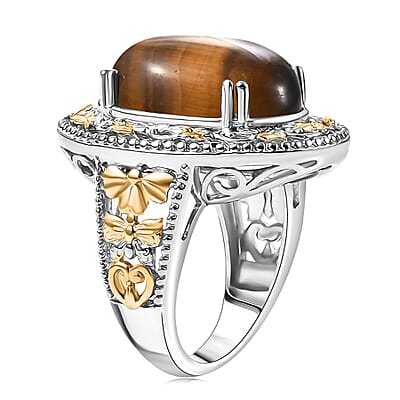 Karis Tigers Eye 39.30 ctw Earrings, Ring (Size 6.0) and Pendant in 18K YG Plated and Platinum Bond with Stainless Steel Necklace 20 Inches