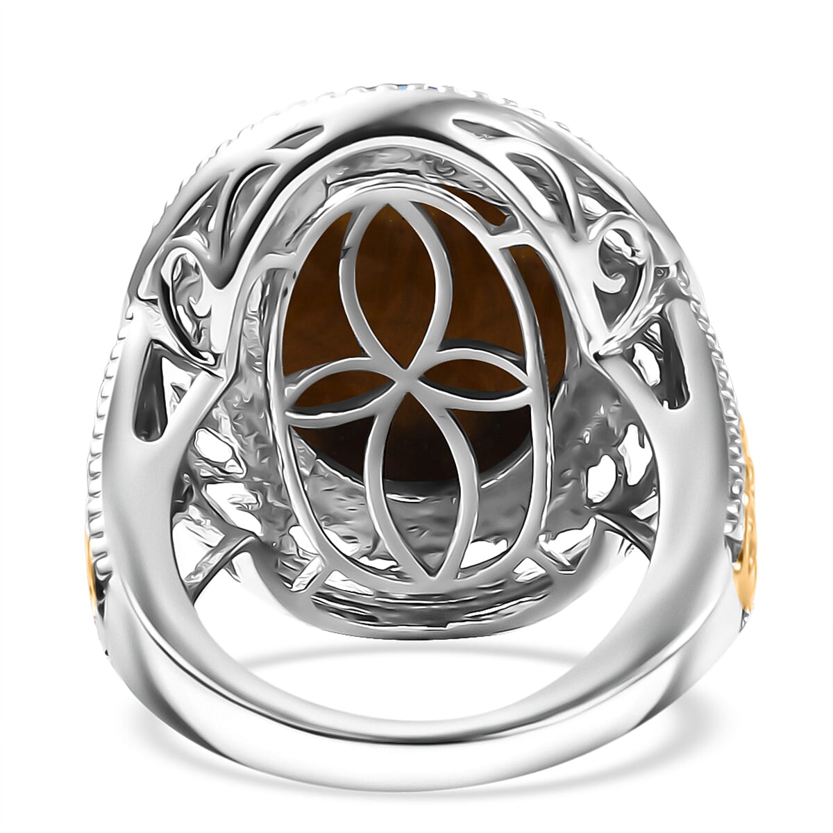 Karis Tigers Eye 39.30 ctw Earrings, Ring (Size 6.0) and Pendant in 18K YG Plated and Platinum Bond with Stainless Steel Necklace 20 Inches