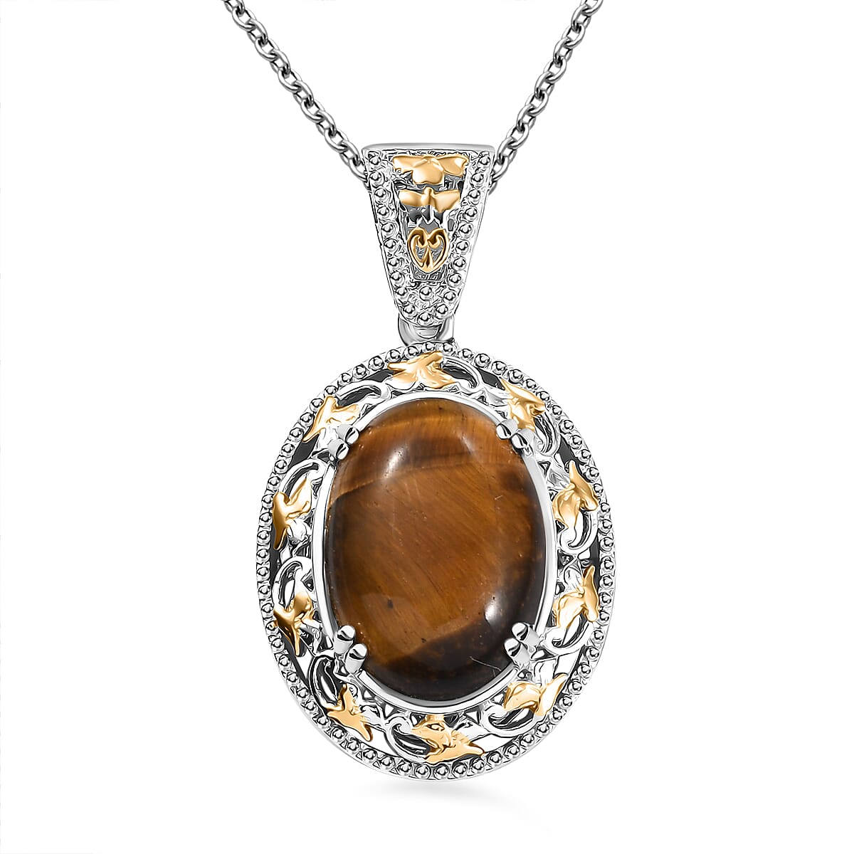 Karis Tigers Eye 39.30 ctw Earrings, Ring (Size 6.0) and Pendant in 18K YG Plated and Platinum Bond with Stainless Steel Necklace 20 Inches