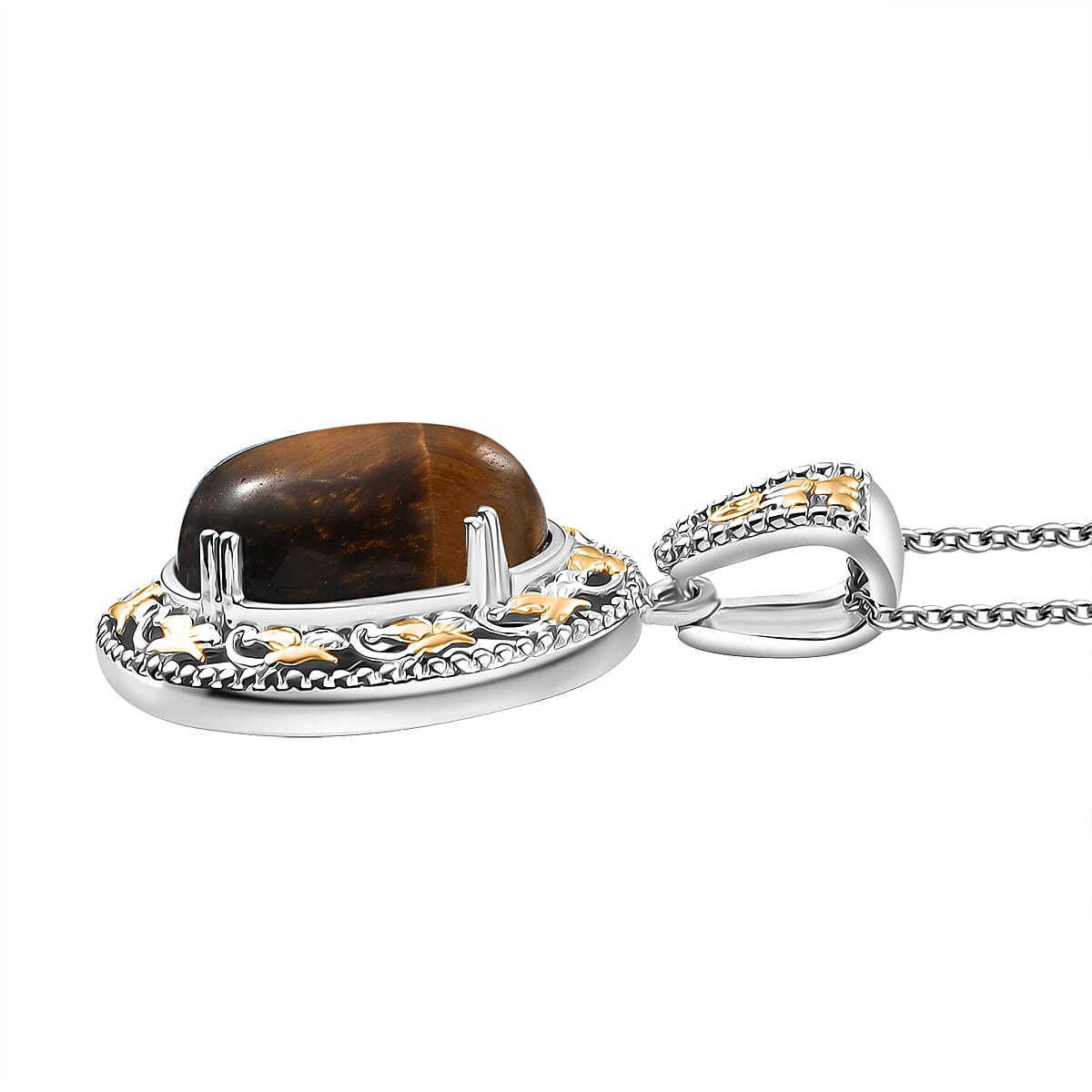 Karis Tigers Eye 39.30 ctw Earrings, Ring (Size 6.0) and Pendant in 18K YG Plated and Platinum Bond with Stainless Steel Necklace 20 Inches