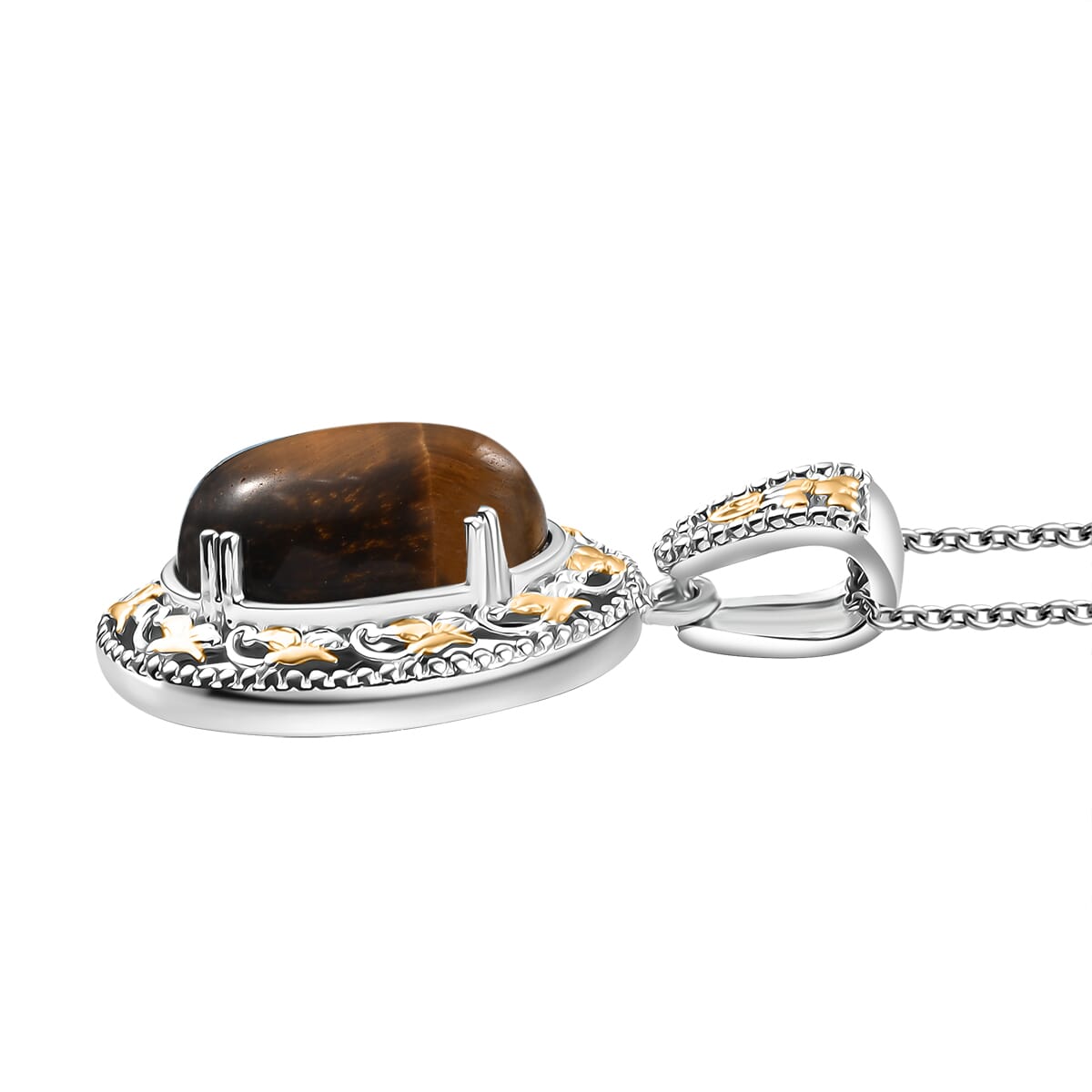 Karis Tigers Eye 39.30 ctw Earrings, Ring (Size 6.0) and Pendant in 18K YG Plated and Platinum Bond with Stainless Steel Necklace 20 Inches image number 8