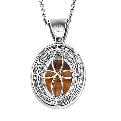 Karis Tigers Eye 39.30 ctw Earrings, Ring (Size 6.0) and Pendant in 18K YG Plated and Platinum Bond with Stainless Steel Necklace 20 Inches