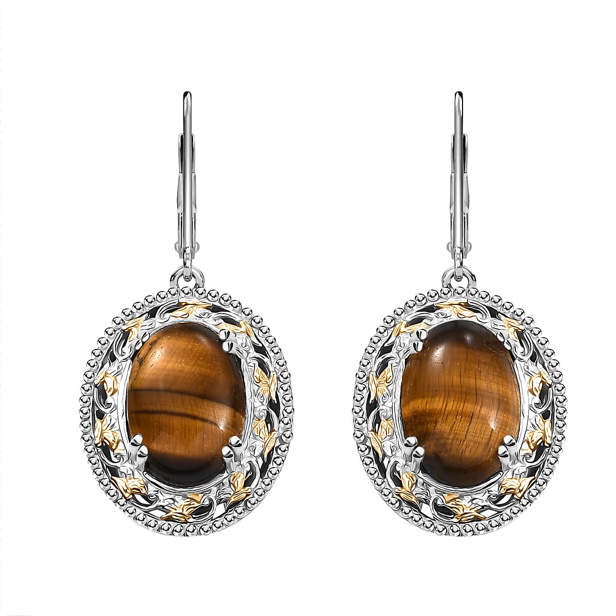 Karis Tigers Eye 39.30 ctw Earrings, Ring (Size 6.0) and Pendant in 18K YG Plated and Platinum Bond with Stainless Steel Necklace 20 Inches
