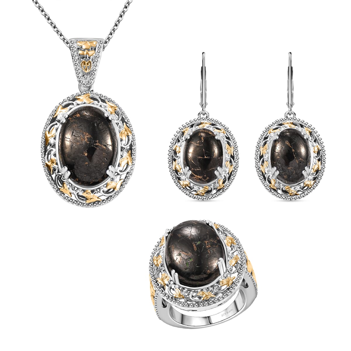 Karis Matrix Silver Shungite 22.70 ctw Earrings, Ring (Size 10.0) and Pendant in 18K YG Plated and Platinum Bond with Stainless Steel Necklace 20 Inches image number 0