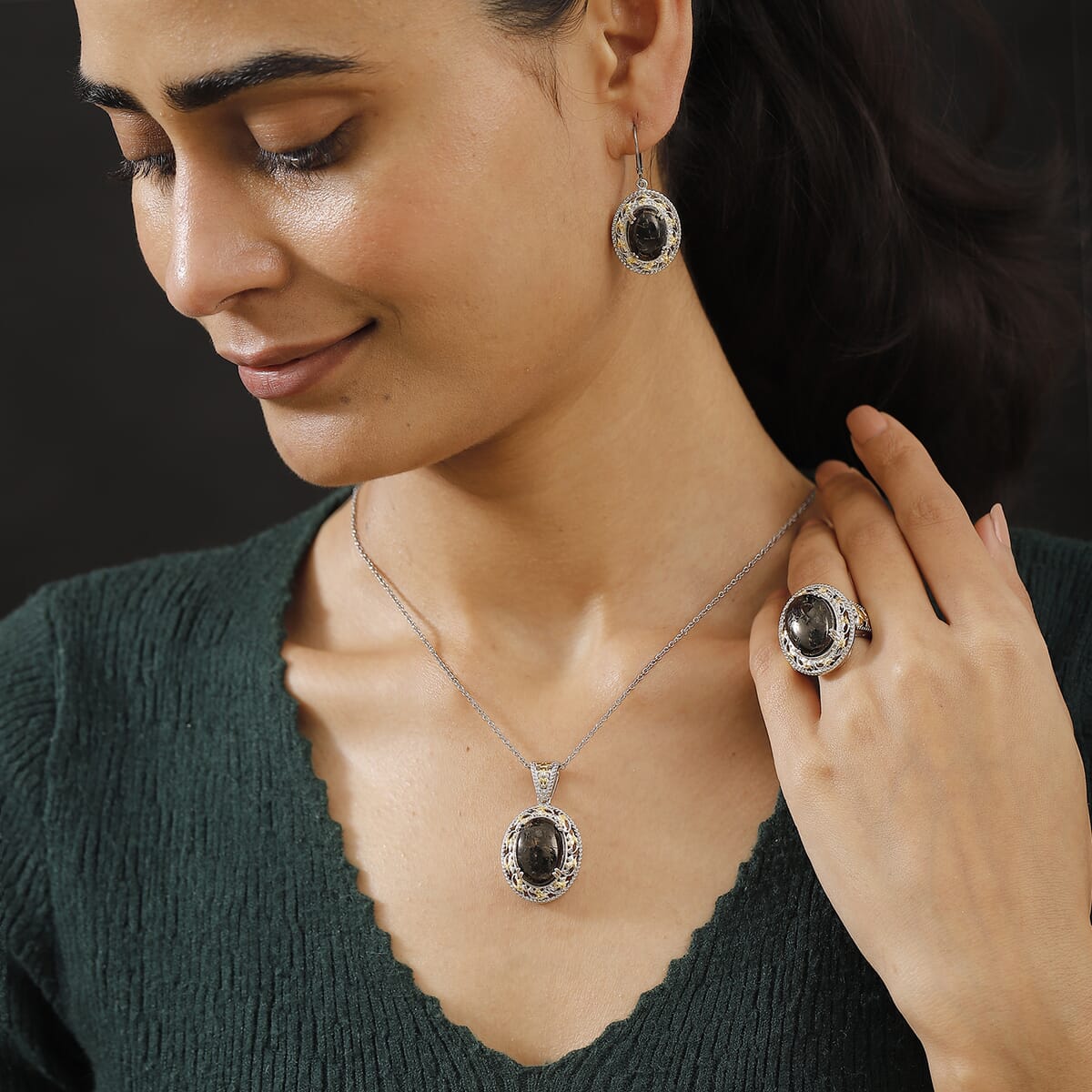 Karis Matrix Silver Shungite 22.70 ctw Earrings, Ring (Size 10.0) and Pendant in 18K YG Plated and Platinum Bond with Stainless Steel Necklace 20 Inches image number 2