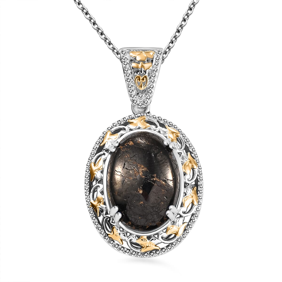 Karis Matrix Silver Shungite 22.70 ctw Earrings, Ring (Size 10.0) and Pendant in 18K YG Plated and Platinum Bond with Stainless Steel Necklace 20 Inches image number 6
