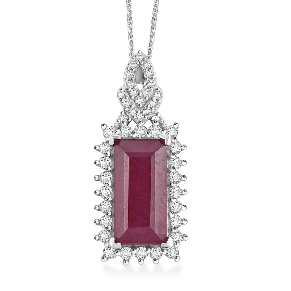 Doorbuster AAA Niassa Ruby (FF) and White Zircon 7.70 ctw Scarlet Flame Pendant Necklace in Rhodium Over Sterling Silver 20 Inches image number 0