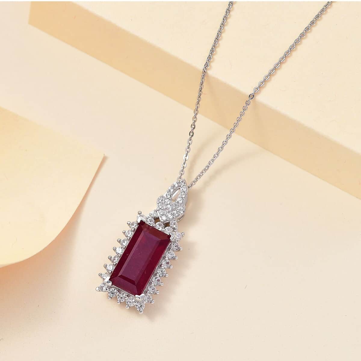 Doorbuster AAA Niassa Ruby (FF) and White Zircon 7.70 ctw Scarlet Flame Pendant Necklace in Rhodium Over Sterling Silver 20 Inches image number 1