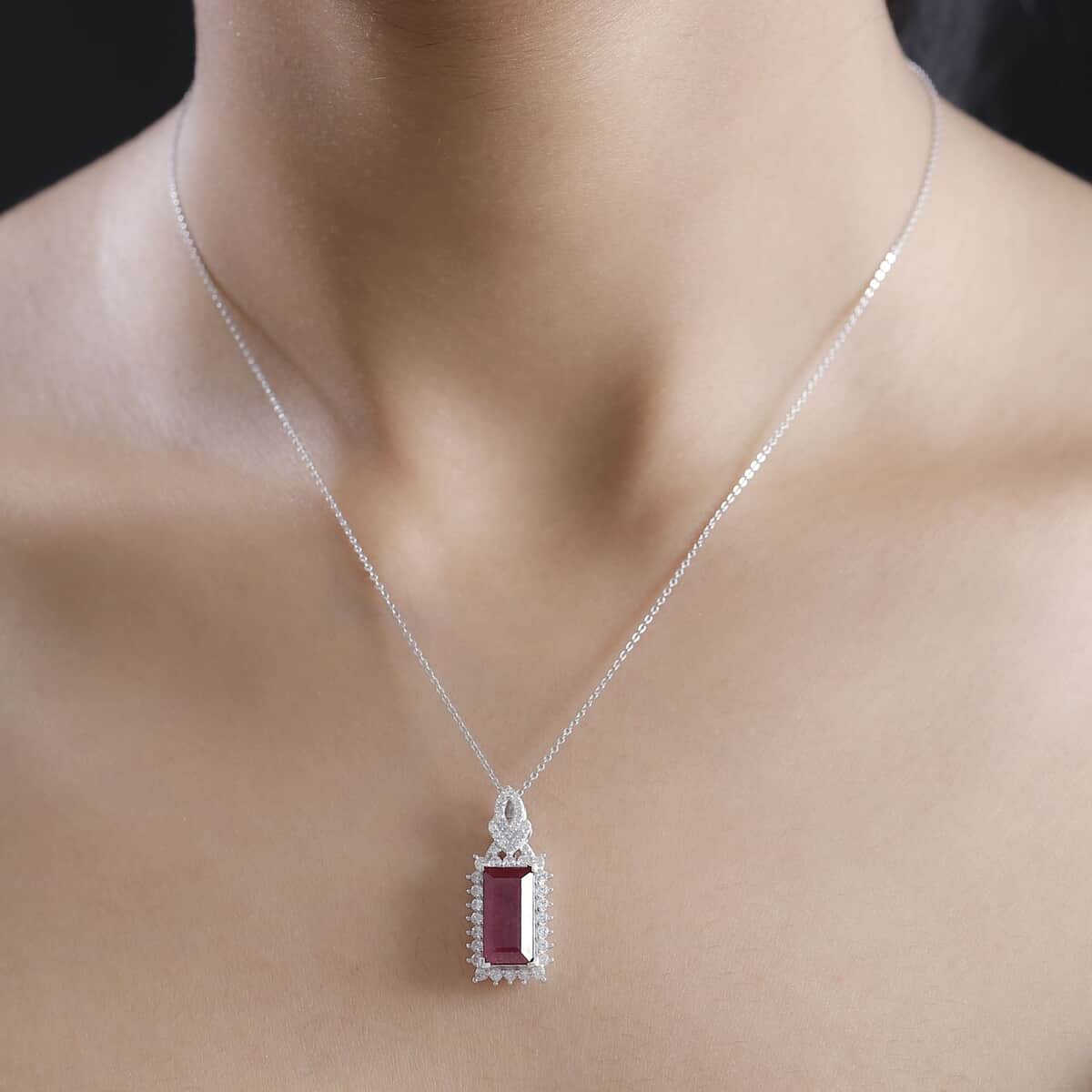 Doorbuster AAA Niassa Ruby (FF) and White Zircon 7.70 ctw Scarlet Flame Pendant Necklace in Rhodium Over Sterling Silver 20 Inches image number 2