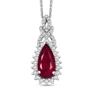 Doorbuster AAA Niassa Ruby (FF) and White Zircon 5.50 ctw Scarlet Flame Pendant Necklace in Rhodium Over Sterling Silver 20 Inches