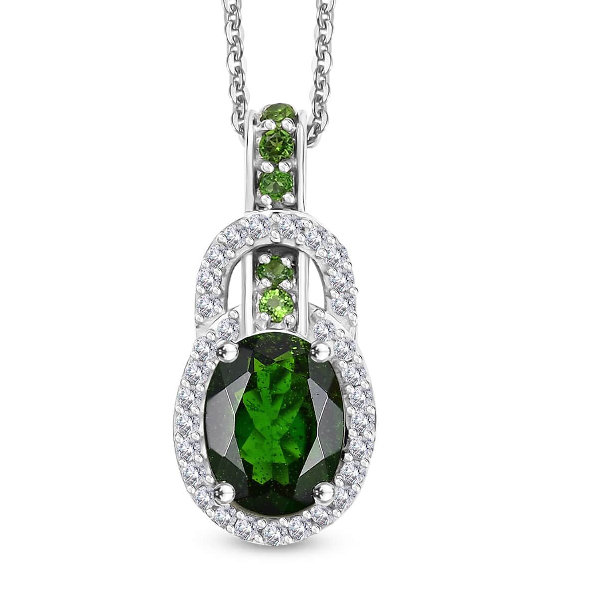 Chrome Diopside and White Zircon 1.70 ctw Pendant Necklace 20 Inches in Rhodium Over Sterling Silver image number 0