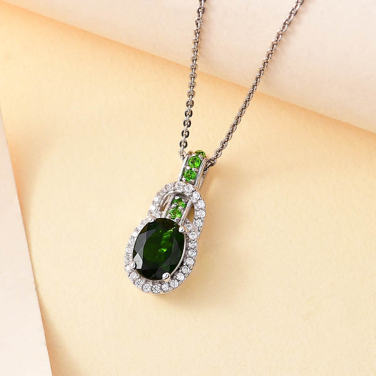 Chrome Diopside and White Zircon 1.70 ctw Pendant Necklace 20 Inches in Rhodium Over Sterling Silver image number 1