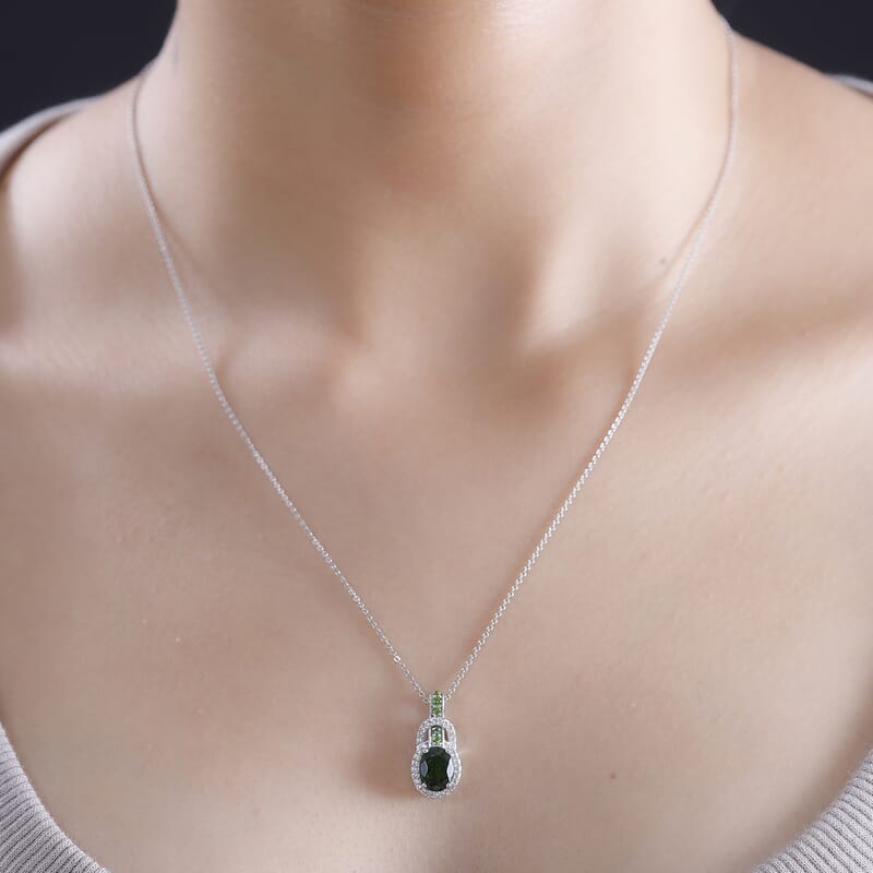 Chrome Diopside and White Zircon 1.70 ctw Pendant Necklace 20 Inches in Rhodium Over Sterling Silver