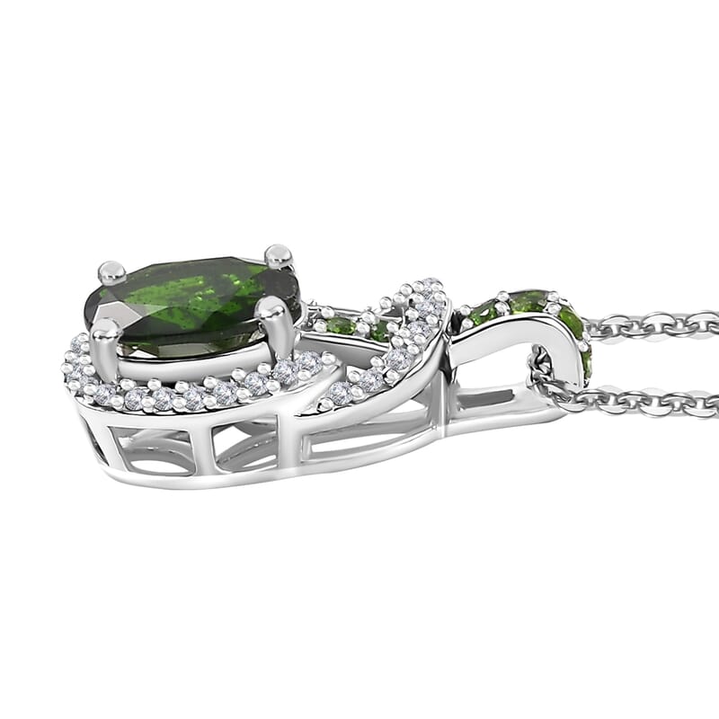 Chrome Diopside and White Zircon 1.70 ctw Pendant Necklace 20 Inches in Rhodium Over Sterling Silver
