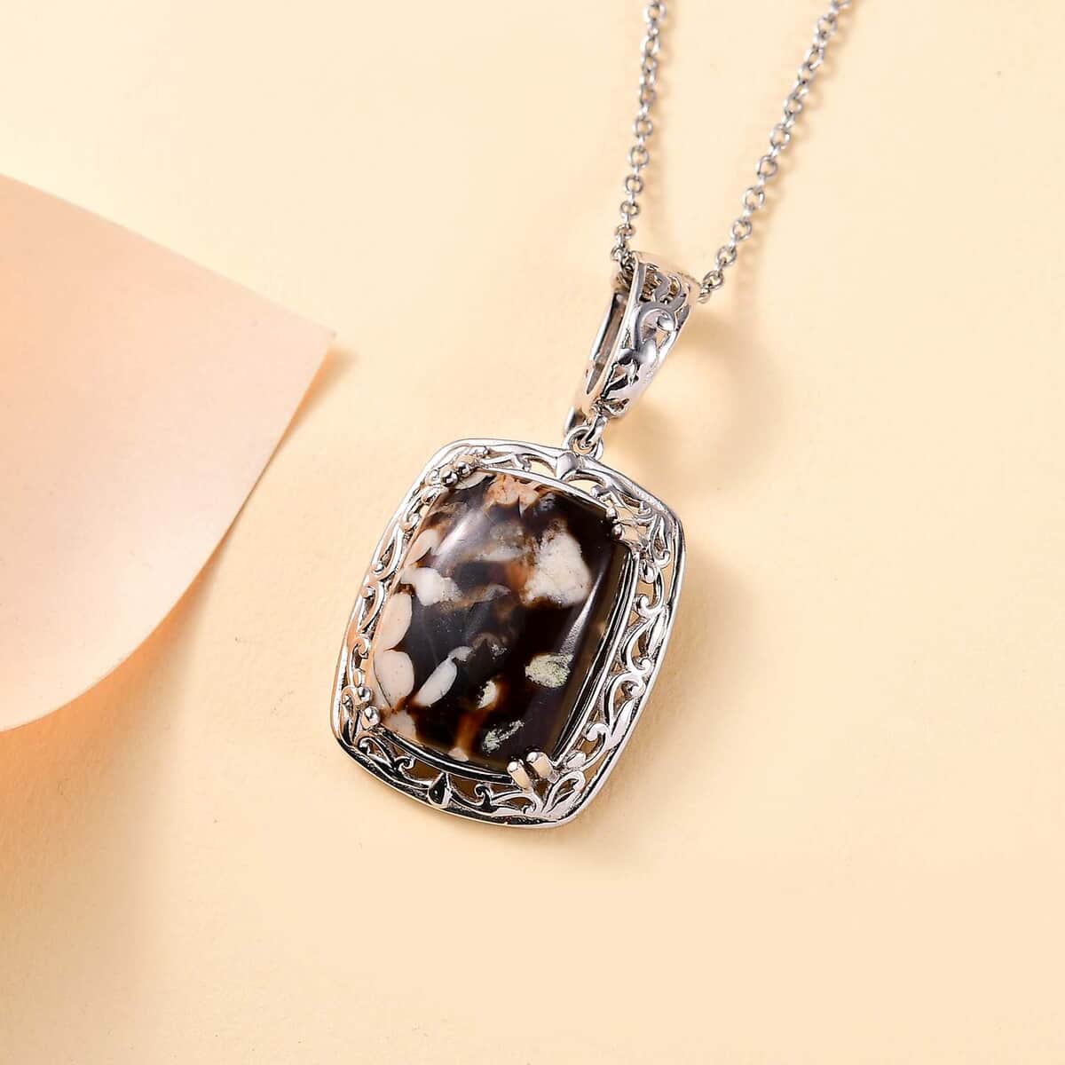 Karis Peanut Wood Jasper 15.30 ctw Solitaire Pendant in Platinum Bond with Stainless Steel Necklace 20 Inches image number 1