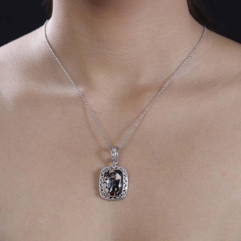 Karis Peanut Wood Jasper 15.30 ctw Solitaire Pendant in Platinum Bond with Stainless Steel Necklace 20 Inches