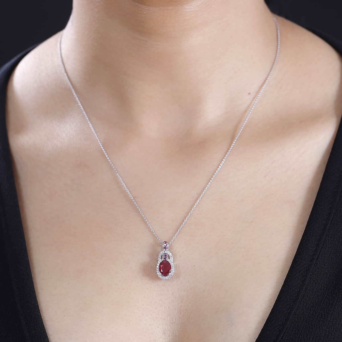 Niassa Ruby (FF) and Multi Gemstone 2.40 ctw Pendant Necklace 20 Inches in Rhodium Over Sterling Silver image number 2