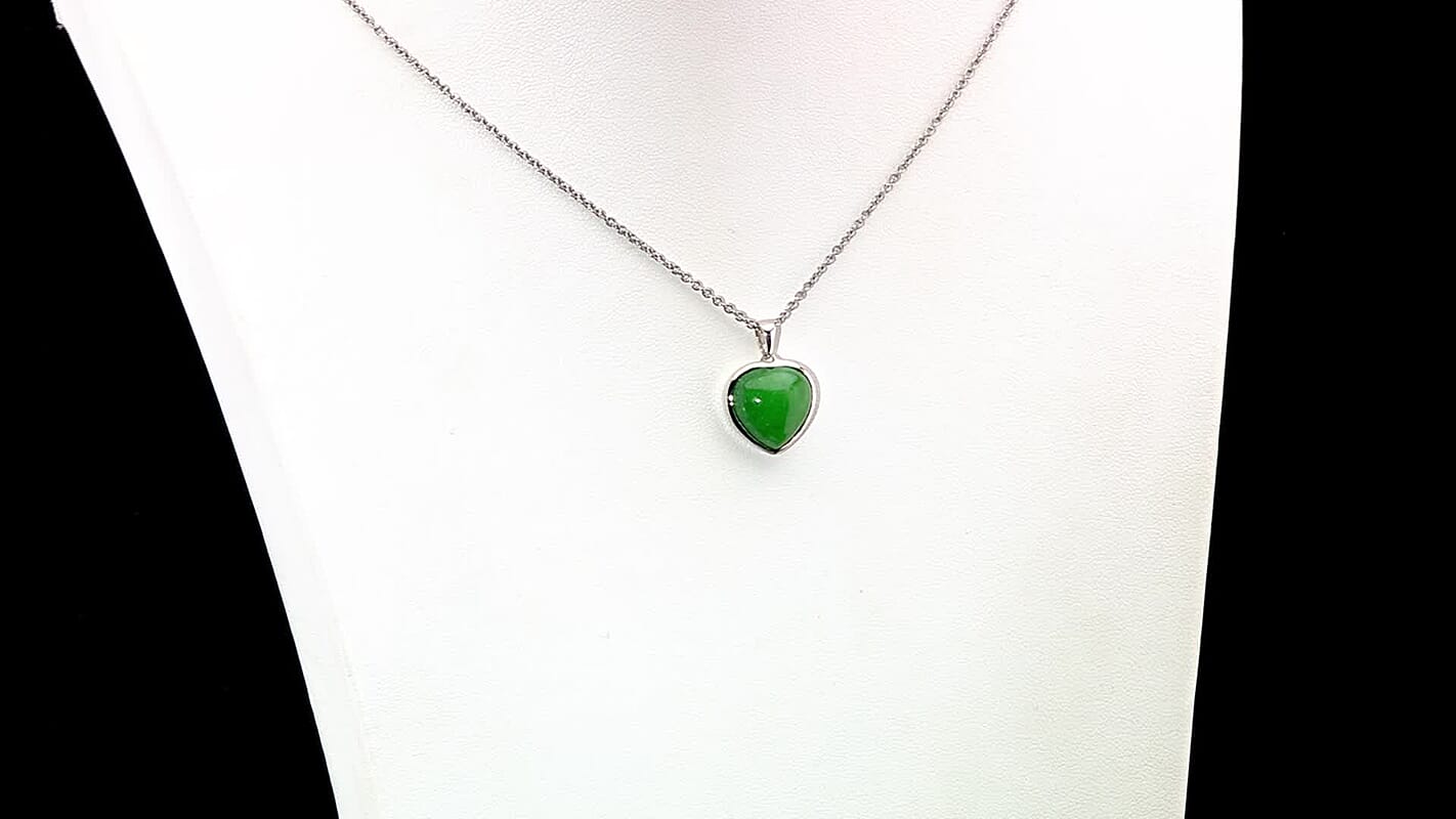Karis Green Jade (D) 12.00 ctw Heart Pendant in Platinum Bond with Stainless Steel Necklace 20 Inches