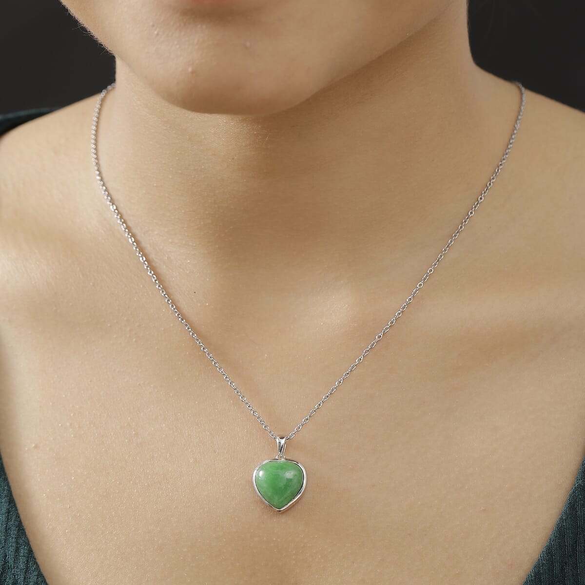 Karis Green Jade (D) 12.00 ctw Heart Pendant in Platinum Bond with Stainless Steel Necklace 20 Inches image number 2