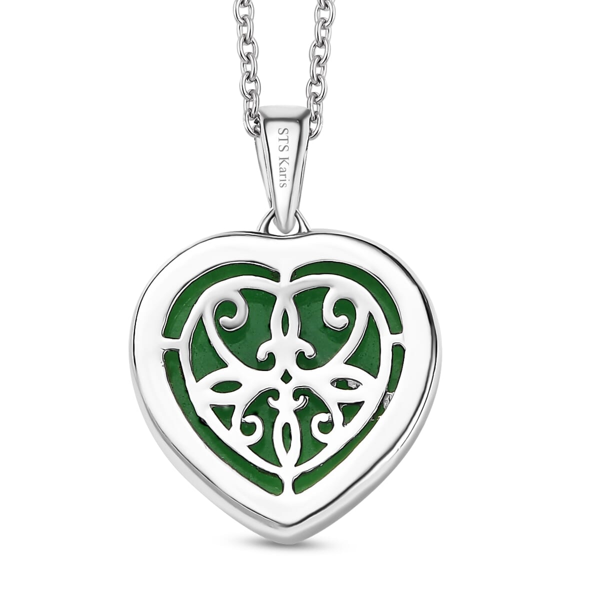 Karis Green Jade (D) 12.00 ctw Heart Pendant in Platinum Bond with Stainless Steel Necklace 20 Inches image number 4