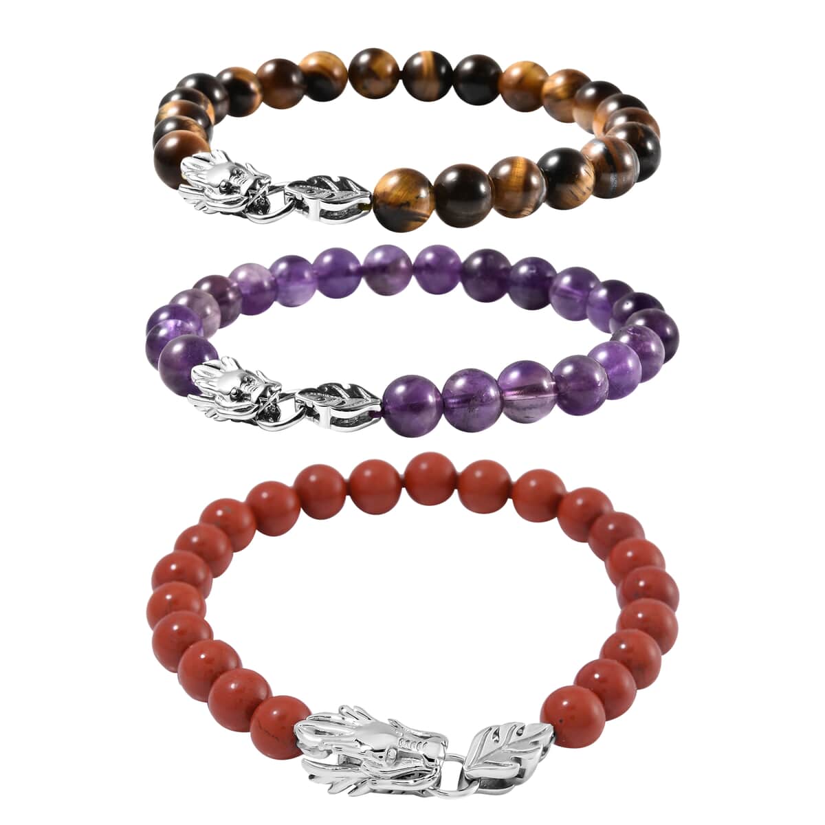 Set of 3 Red Jasper, Amethyst and Yellow Tigers Eye 212.60 ctw Beaded Dragon Bracelet in Stainless Steel (7.50In) image number 0