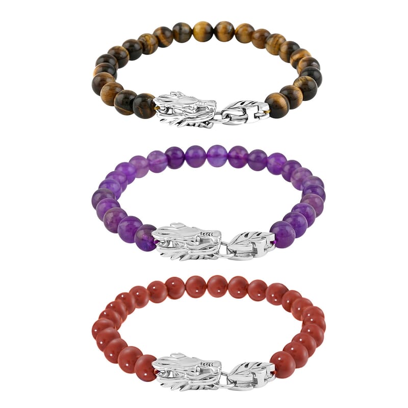 Set of 3 Red Jasper, Amethyst and Yellow Tigers Eye 212.60 ctw Beaded Dragon Bracelet in Stainless Steel (7.50In)