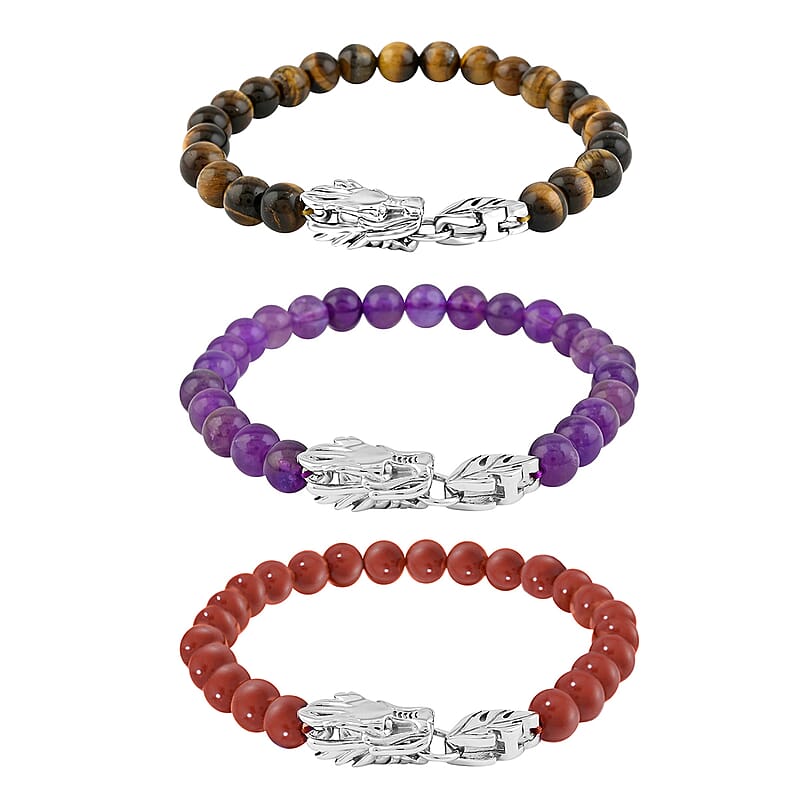 Set of 3 Red Jasper, Amethyst and Yellow Tigers Eye 212.60 ctw Beaded Dragon Bracelet in Stainless Steel (7.50In)
