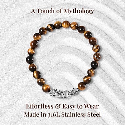 Set of 3 Red Jasper, Amethyst and Yellow Tigers Eye 212.60 ctw Beaded Dragon Bracelet in Stainless Steel (7.50In)