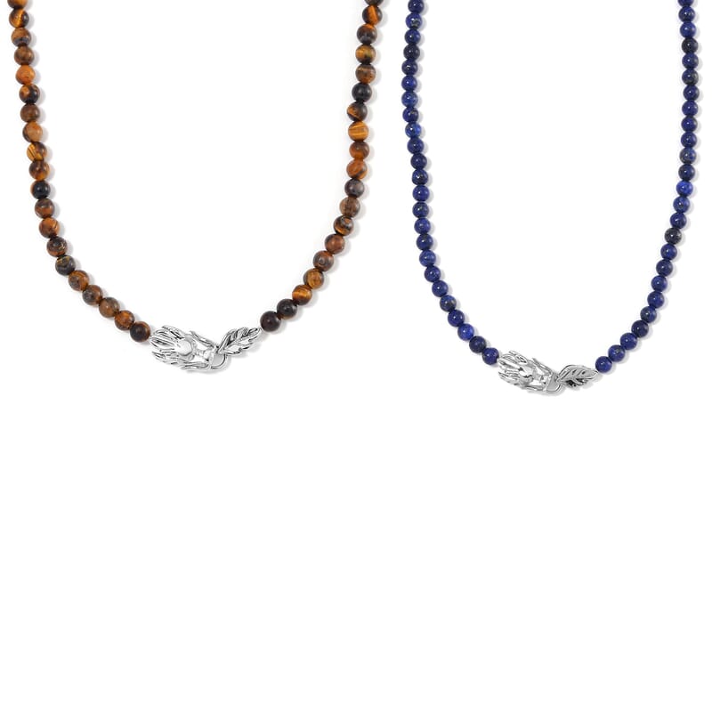 Set of 2 Lapis Lazuli and Yellow Tigers Eye 300.00 ctw Beaded Necklace 20-22 Inches in Stainless Steel