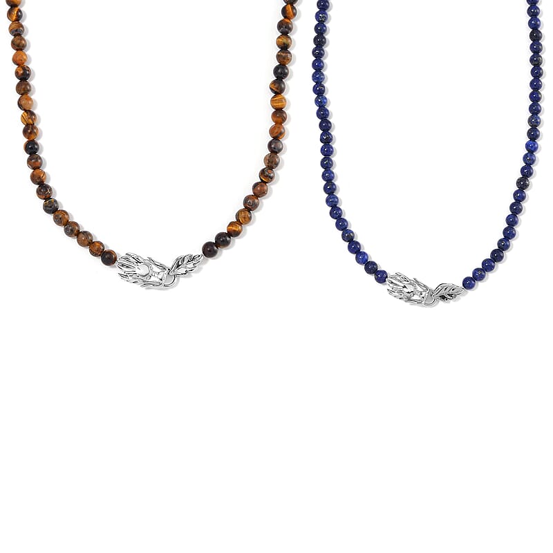 Set of 2 Lapis Lazuli and Yellow Tigers Eye 300.00 ctw Beaded Necklace 20-22 Inches in Stainless Steel