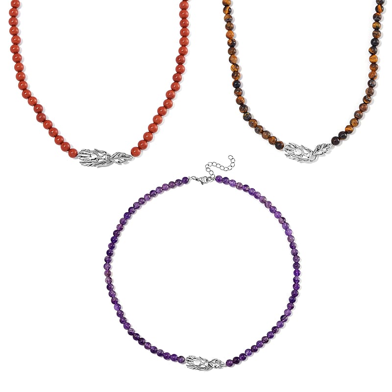 Set of 3 Red Jasper, Amethyst and Yellow Tigers Eye 450.00 ctw Beaded Necklace in Stainless Steel 20-22 Inches