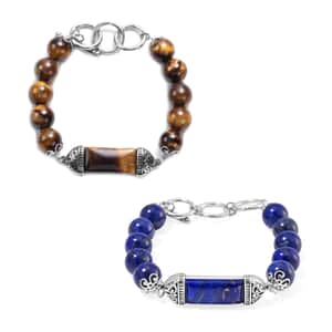 Set of 2 Lapis Lazuli and Yellow Tigers Eye 234.40 ctw Bracelet in Stainless Steel (6.75In)