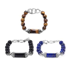 Set of 3 Black Tourmaline, Lapis Lazuli and Yellow Tigers Eye 351.60 ctw Bracelet in Stainless Steel (6.75In)