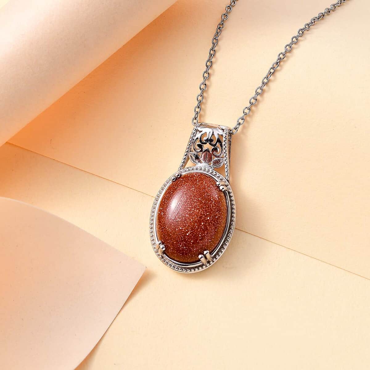 Gold Sandstone 13.75 ctw Solitaire Pendant in Platinum Over Copper with Stainless Steel Necklace 20 Inches image number 1