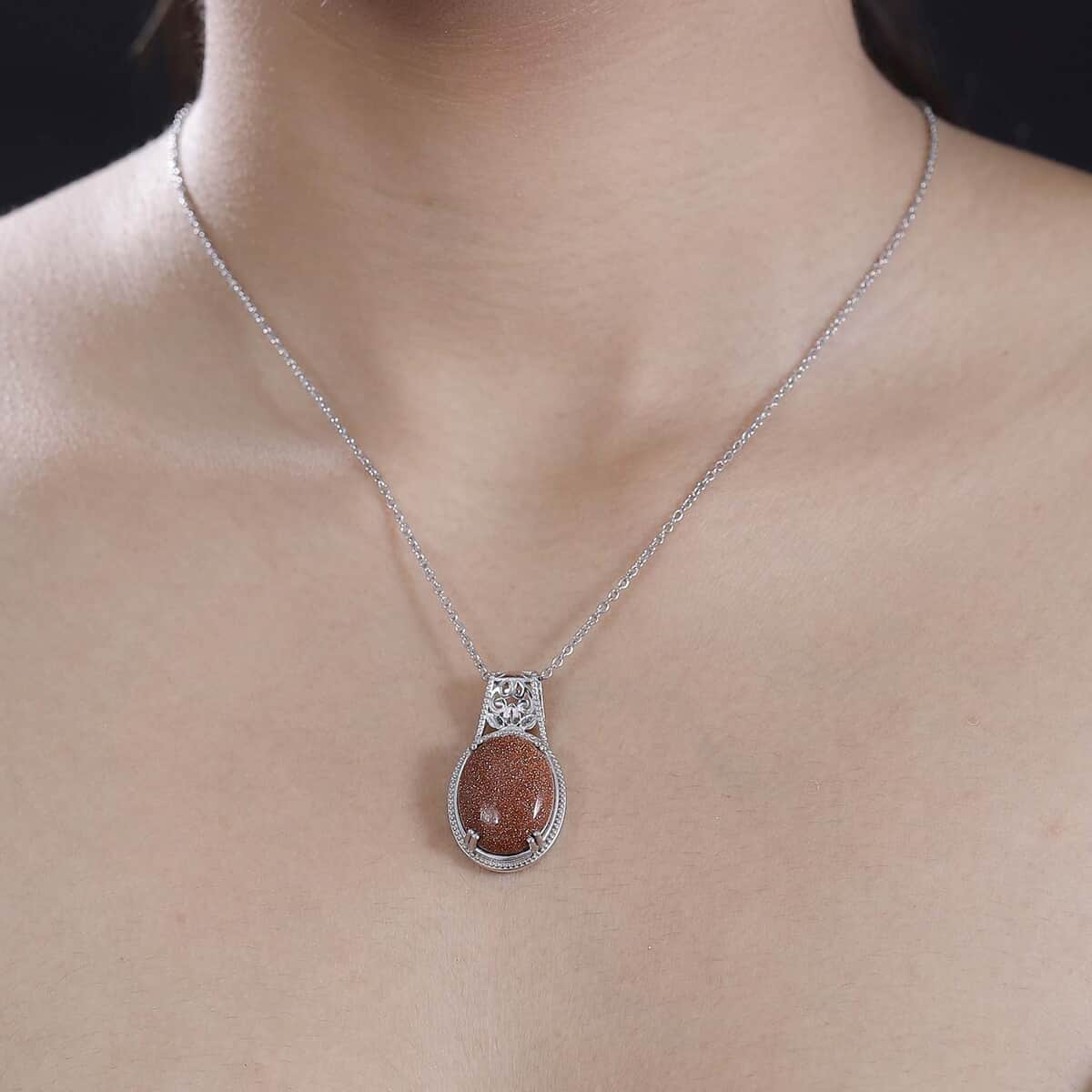 Gold Sandstone 13.75 ctw Solitaire Pendant in Platinum Over Copper with Stainless Steel Necklace 20 Inches image number 2