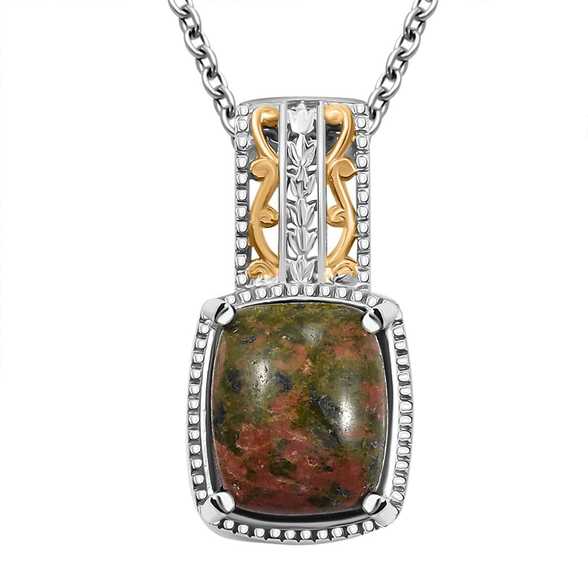 Unakite 7.25 ctw Solitaire Pendant in 14K YG Over and Platinum Over Copper with Stainless Steel Necklace 20 Inches image number 0