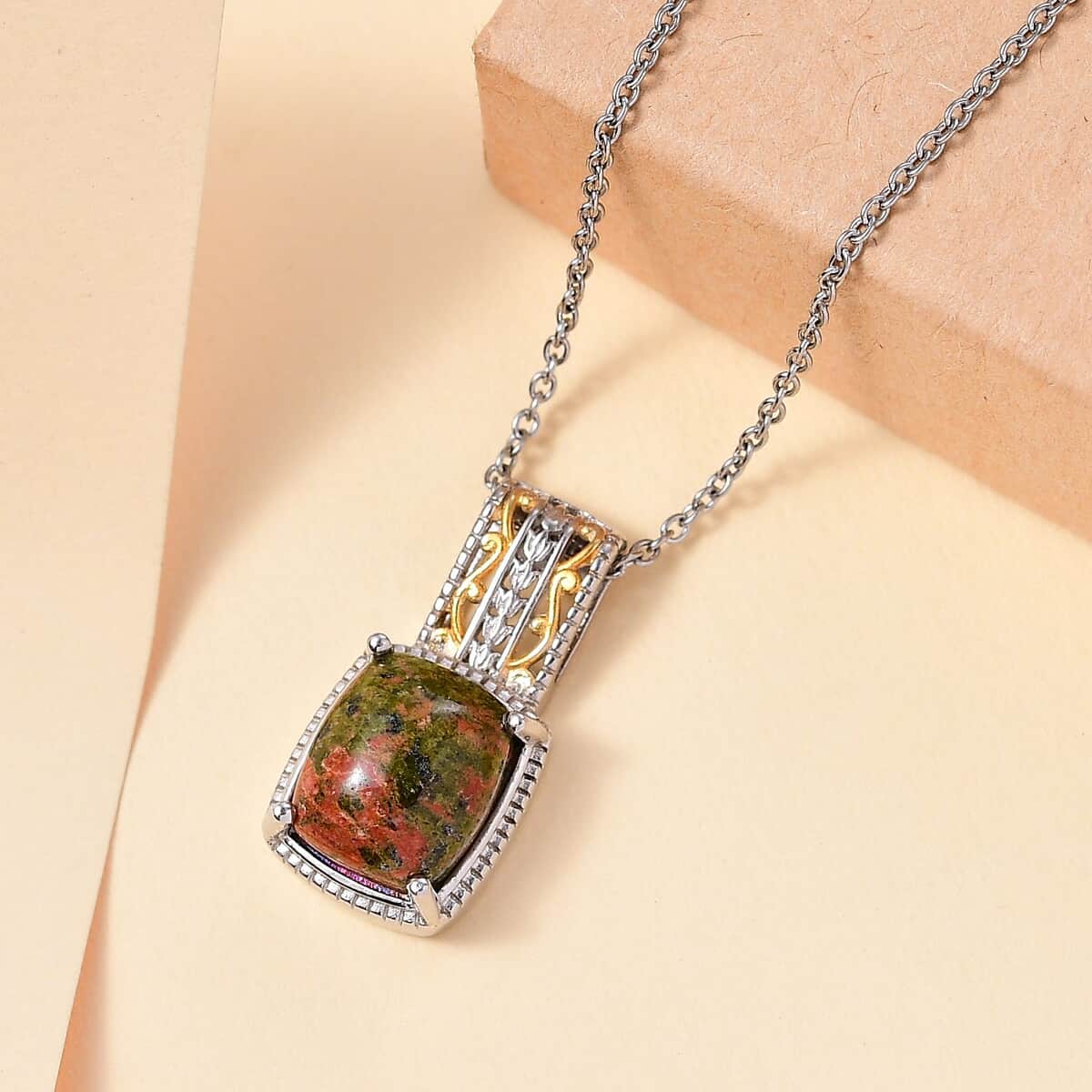 Unakite 7.25 ctw Solitaire Pendant in 14K YG Over and Platinum Over Copper with Stainless Steel Necklace 20 Inches image number 1