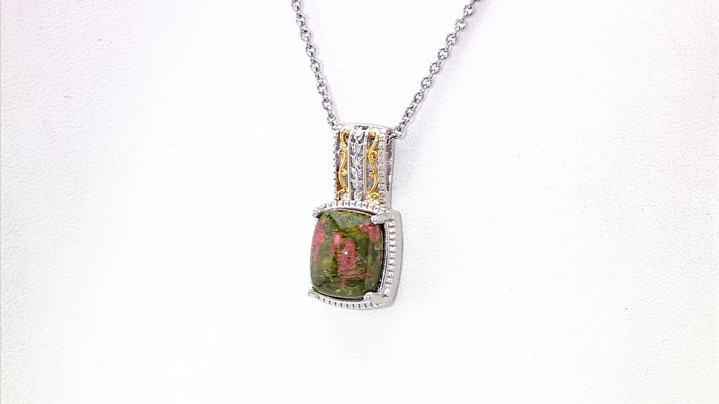 Unakite 7.25 ctw Solitaire Pendant in 14K YG Over and Platinum Over Copper with Stainless Steel Necklace 20 Inches