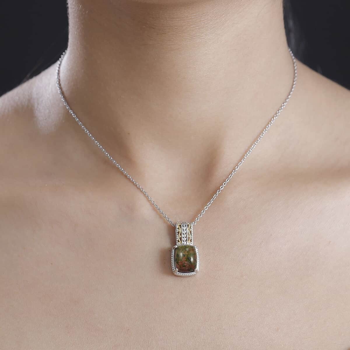 Unakite 7.25 ctw Solitaire Pendant in 14K YG Over and Platinum Over Copper with Stainless Steel Necklace 20 Inches image number 2