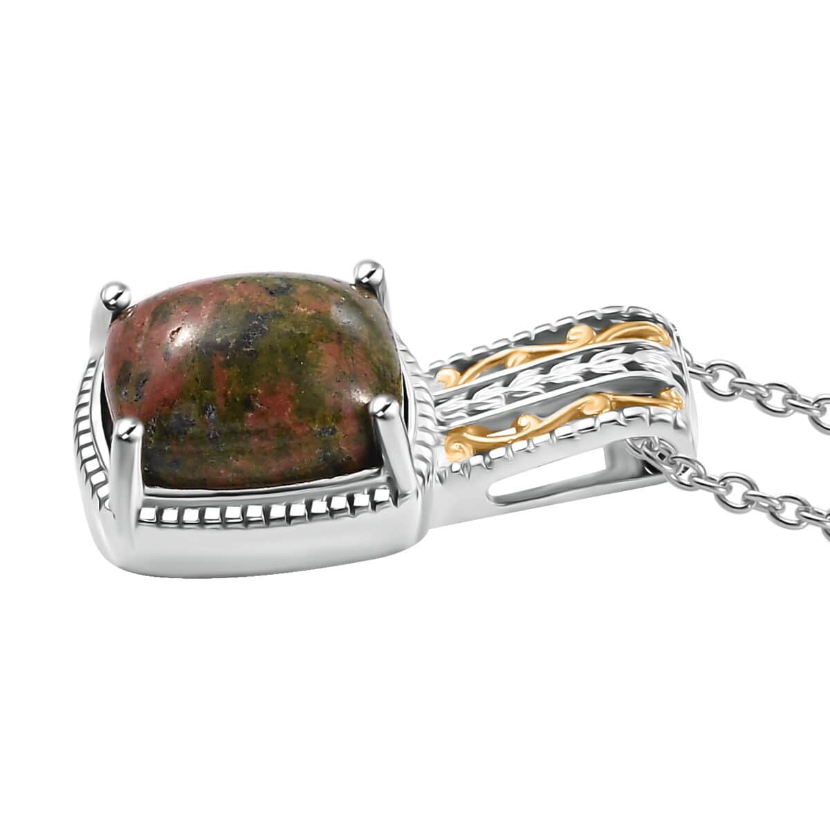 Unakite 7.25 ctw Solitaire Pendant in 14K YG Over and Platinum Over Copper with Stainless Steel Necklace 20 Inches image number 3