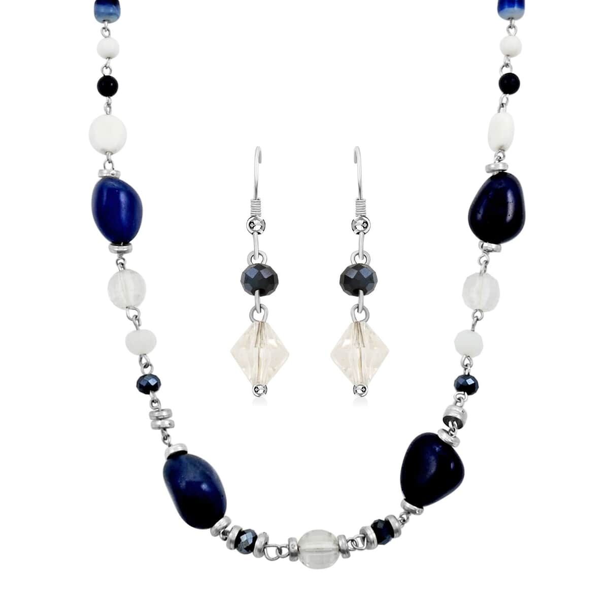 Sodalite 50.40 ctw and Austrian Crystal Canon Sky Blue Necklace and Earrings in Silvertone 24 Inches image number 0