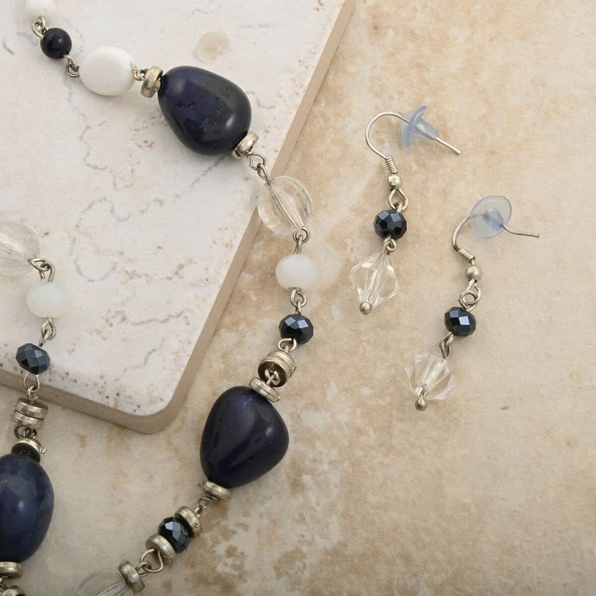 Sodalite 50.40 ctw and Austrian Crystal Canon Sky Blue Necklace and Earrings in Silvertone 24 Inches image number 1