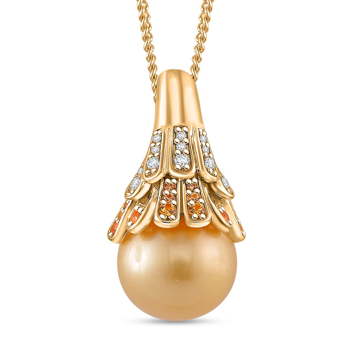 South Sea Golden Cultured Pearl 11-12mm and Multi Gemstone 0.40 ctw Crown Pendant Necklace in 18K Vermeil Yellow Gold Over Sterling Silver 20 Inches image number 0