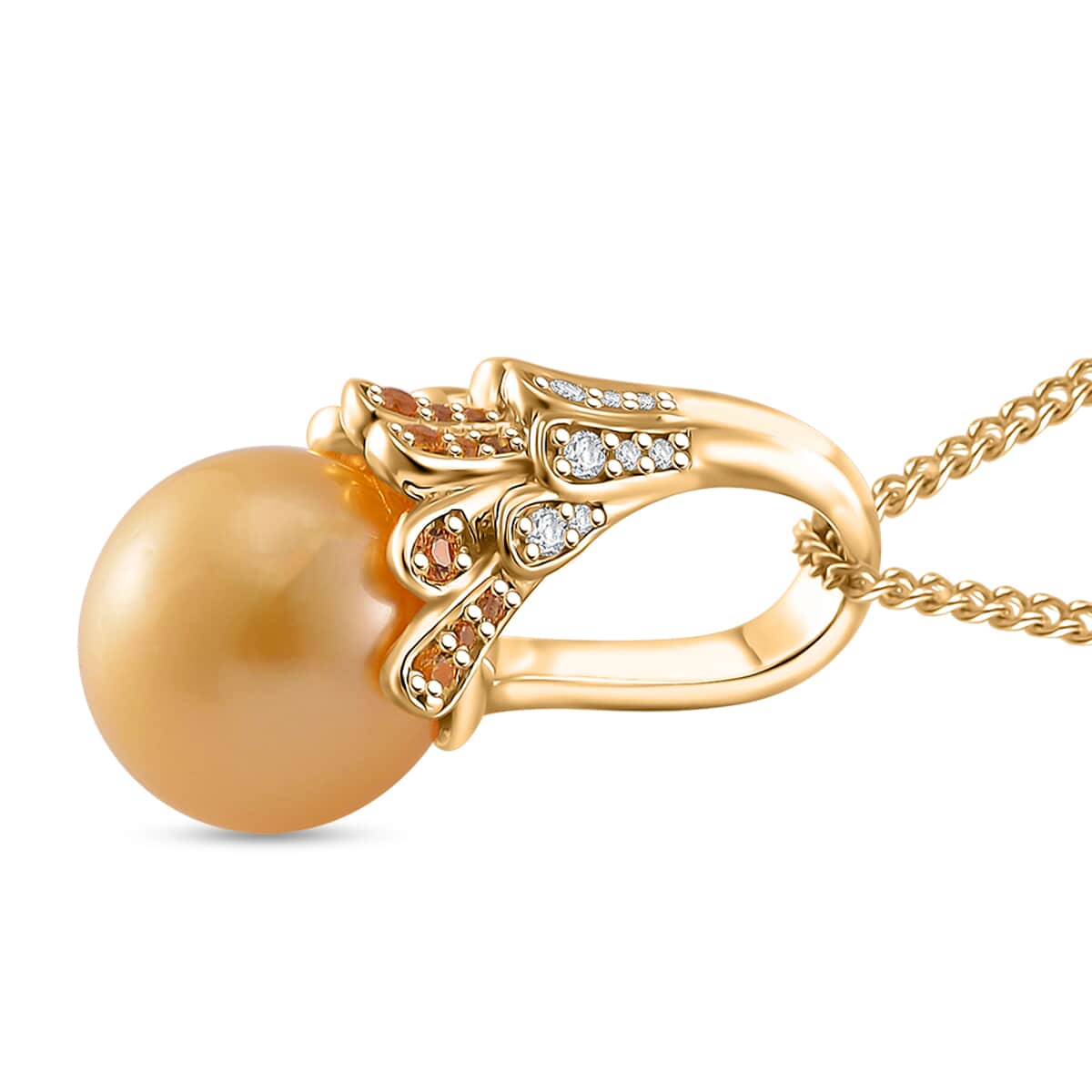 South Sea Golden Cultured Pearl 11-12mm and Multi Gemstone 0.40 ctw Crown Pendant Necklace in 18K Vermeil Yellow Gold Over Sterling Silver 20 Inches image number 2